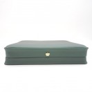 Square dark green necklace Clamshell jewelry box with golden crown buckle, leather paper flocking, round base 